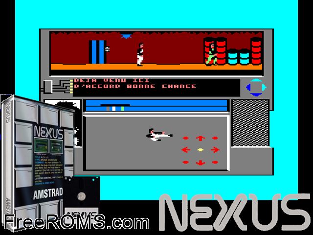 Nexus (UK) (1986) [a1] Amstrad CPC game showing 3D box cover and gameplay screenshot